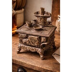 John Wright 1990s Cast Iron Miniature Crescent Stove With Accessories 7.75x10.5”